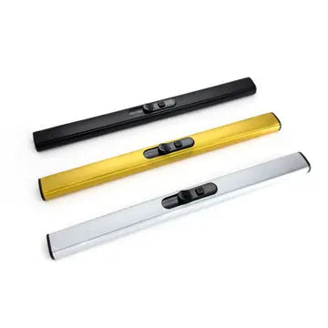 Three rechargeable candle lighters in black, gold, and silver colors, displayed side by side. Each sold seperately
