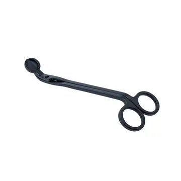 A black stainless steel candle wick trimmer with a sleek design and ergonomic handle.