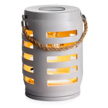 Gray lantern with rope handle and cut-out design on a white background