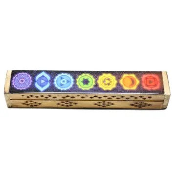 Wooden incense burner with celestial design and 7 chakra symbols by SageHouse Bath & Body