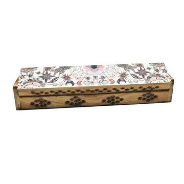 Pink wooden box incense burner with celestial moon and stars design by SageHouse Bath & Body