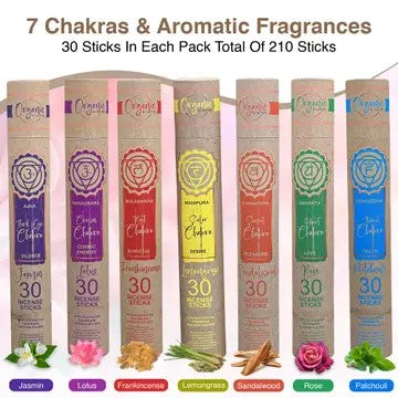 7 different colored tubes with different varying scents of incense in: Jasmine, Lotus, Frankincense, Lemongrass, Sandalwood, Rose and Patchouli. On White Background.