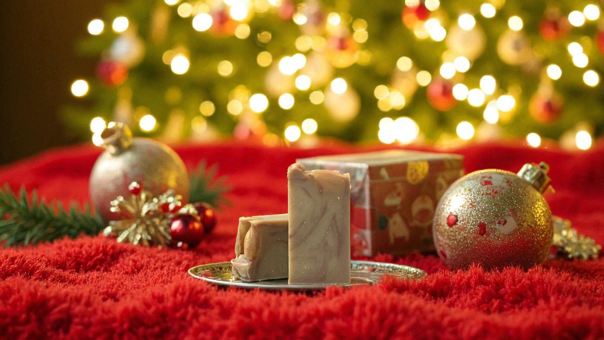 A tan colored bar of soap with accents of dark brown, with christmas decor in the background