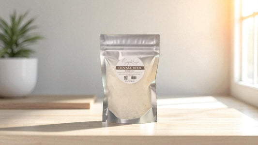 Silver packaging with a clear window of white salt labeled "cleansing detox" on a wood surface.