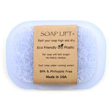 Clear soap dish with soap lift sitting inside. Soap lift sold seperately. On a white background