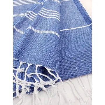 Dark Blue Turkish cotton towel, folded onto itself, on a white background.