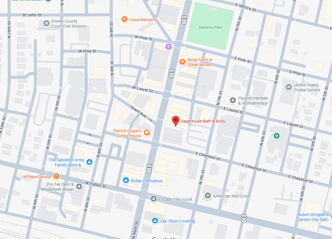 Map of Garden City downtown streets with various locations marked on it. Red tag to show location of SageHouse Bath & Body