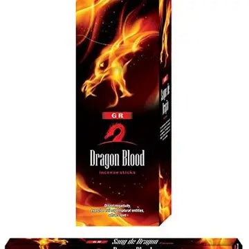 Product packaging for GR Dragon Blood Incense sticks featuring a fiery orange and red dragon graphic on a dark background prominently displaying the text 'incense sticks' and 'Dispels negativity' with a smaller horizontal box below