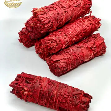 7 Bundles of Dragons Blood Sage, each secured with string. placed on light gray background
