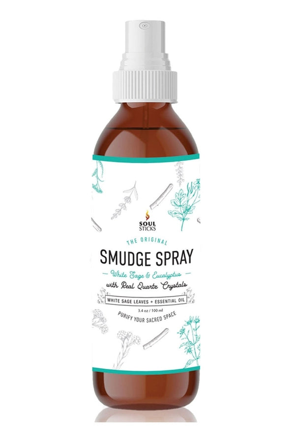 Bottle of white sage & eucalyptus smudge spray with a white cap on a white background