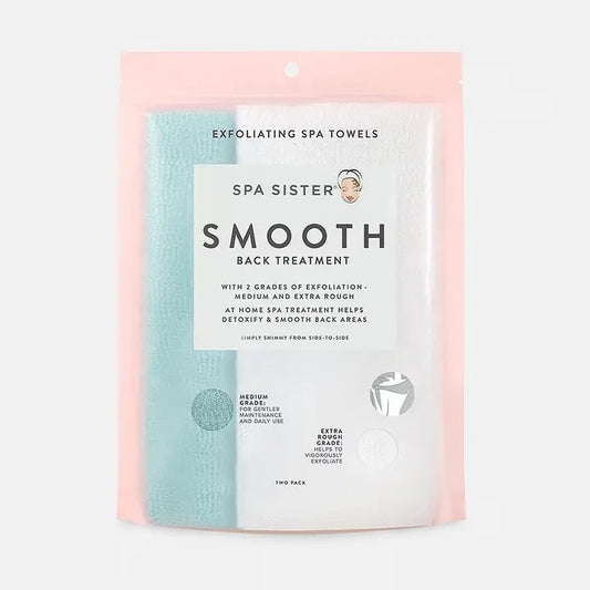 Packaging of Spa Sister Smooth Back Treatment Towels with two grades of exfoliation, indicating one is for daily use and the other is extra rough.