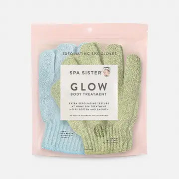 A packaged pair of spa gloves in blue and green colors, labeled 'Glow Body Treatment'.