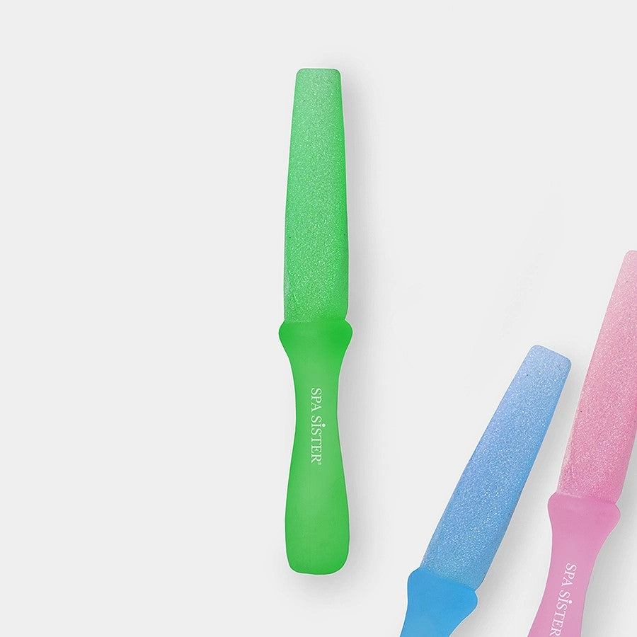 A green ergonomic callus remover with a textured surface and a handle.