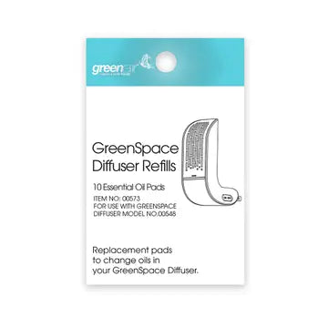 Packaging of GreenSpace Diffuser Refills, featuring 10 essential oil pads for the GreenSpace Plug-In Diffuser, with a white and blue color scheme.