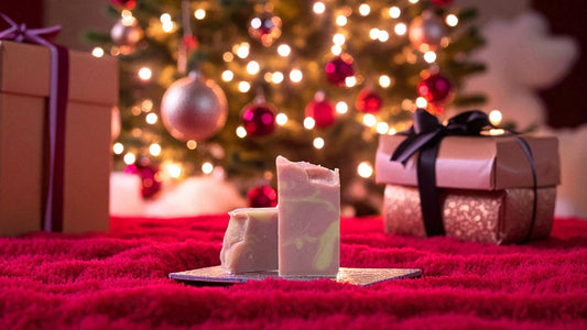 A dark pink colored bar of soap with gold and light pink accents, with Christmas decor in the background
