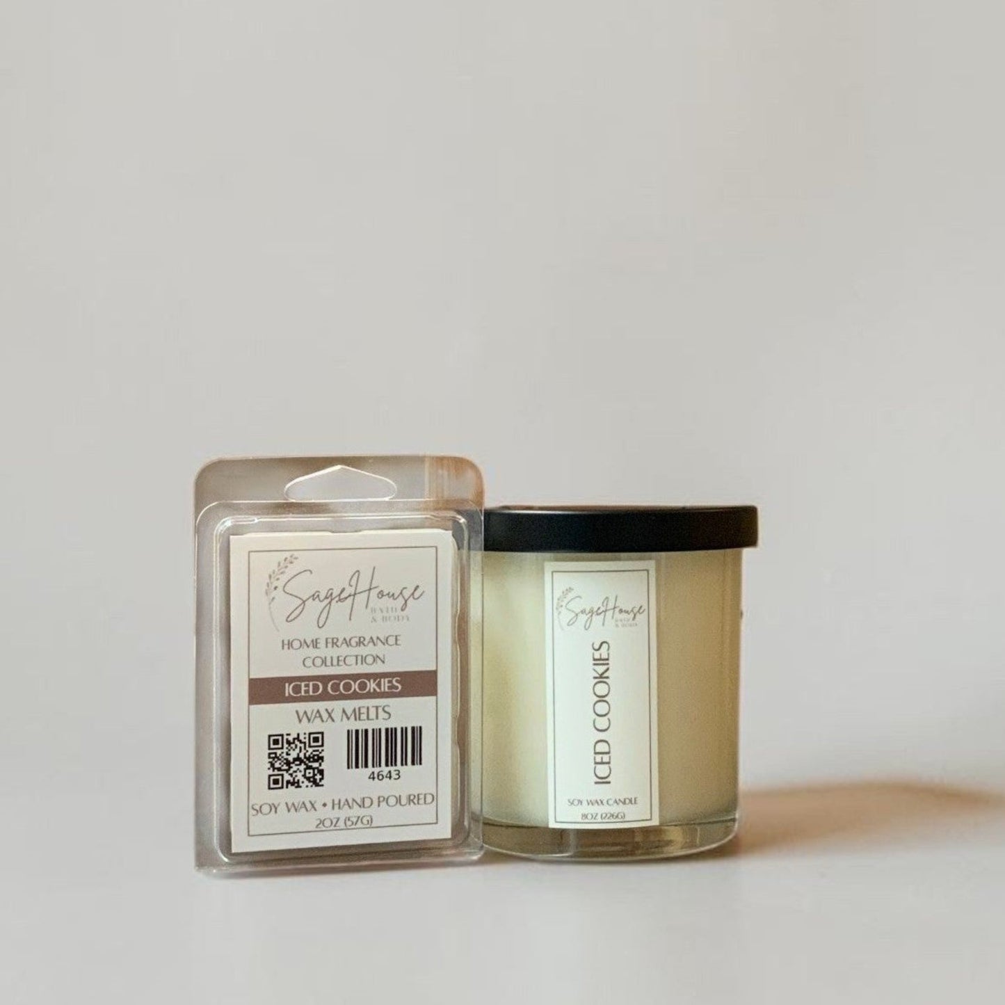 Small candle and wax melt packaging on a white background
