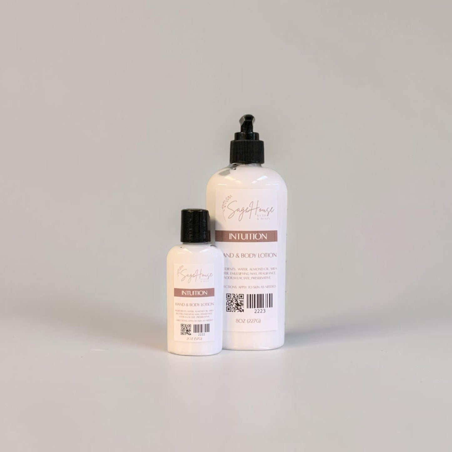 Two bottles of lotion with black caps and white labels. On a white background.