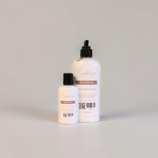 Two bottles of lotion with black caps and white labels. On a white background.