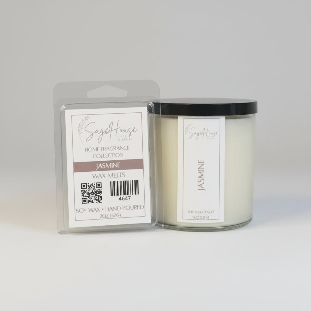 A white soy wax candle in a clear container, next to a clear clamshell wax melt package. placed on a neutral background.