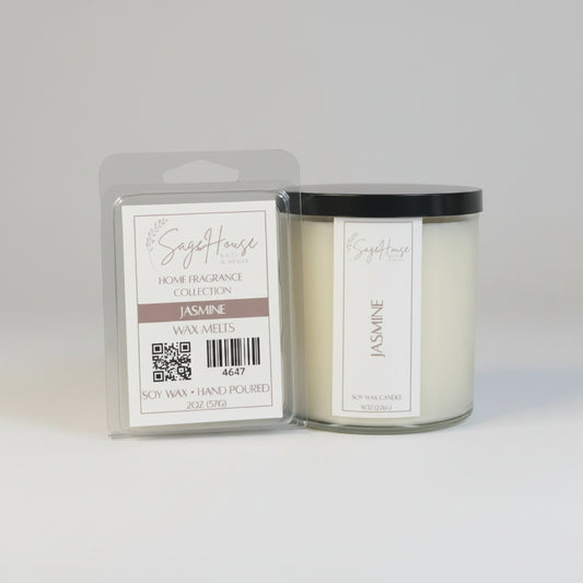 A white soy wax candle in a clear container, next to a clear clamshell wax melt package. placed on a neutral background.