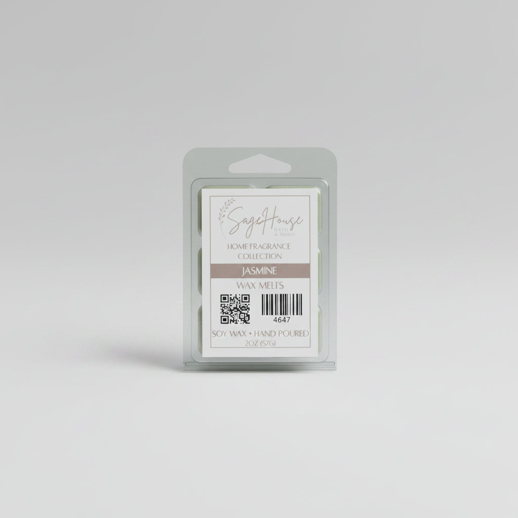 A clear clamshell container holding 6 wax melt cubes with a label on top, placed on a neutral background.