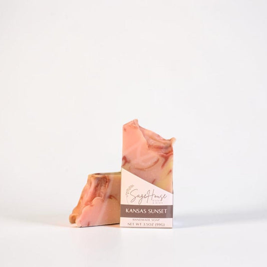 A bar of soap in a sleeve sitting in front of a matching bar of soap. On a white background.