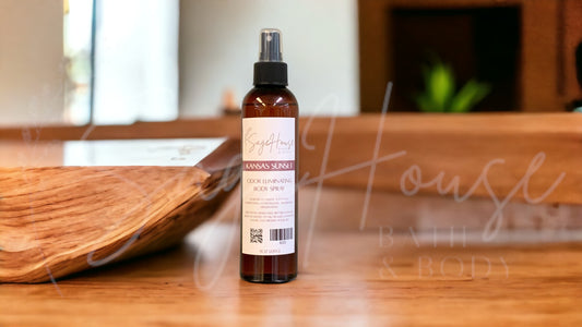 An amber colored bottle with spritz top. On wooden surface with modern background