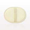 A beige loofah pad with a striped design, used for exfoliating the skin.