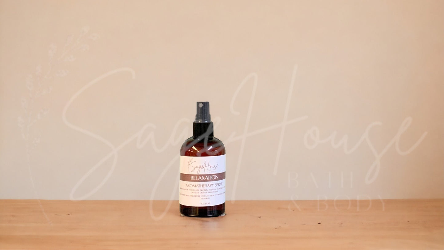 Amber colored spritz bottle with relaxation label, on wood surface