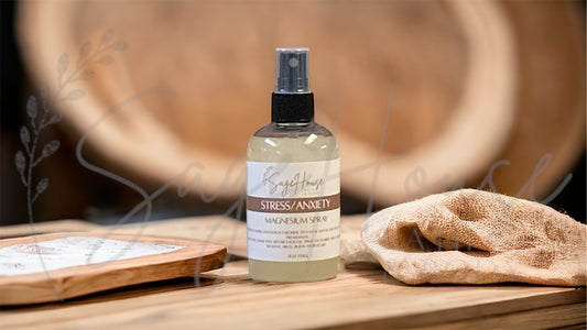 Amber colored spritz bottle with anxiety and stress label, on wood surface