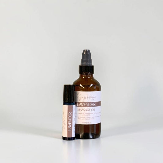 A roller bottle and pump bottle with labels. On a white background.