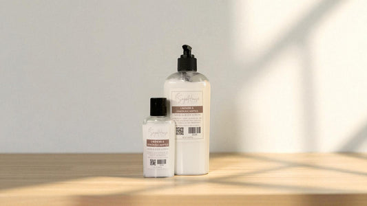 Two white bottles of lotion with black cap and black pump top on a light wooden surface with a blurred white background