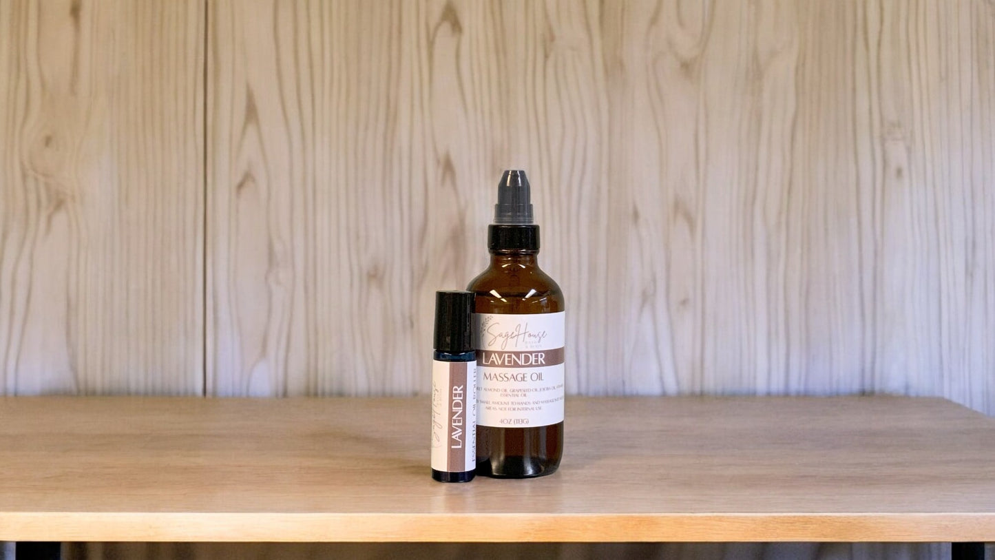 A bottle with a treatment pump, labeled with 'lavender Massage Oil', positioned on a wooden surface.