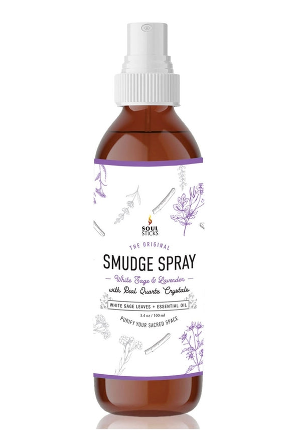 Bottle of lavender sage smudge spray with a white cap on a white background