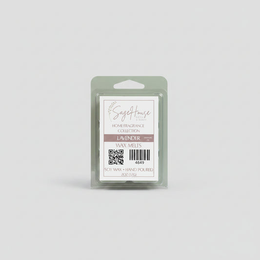 A clear clamshell container holding 6 wax melt cubes with a label on top, placed on a neutral background.