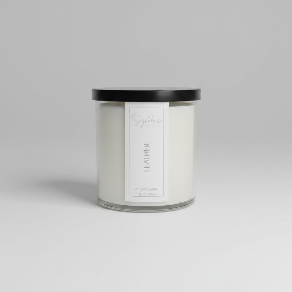 A white soy wax candle in a clear container, placed on a neutral background.