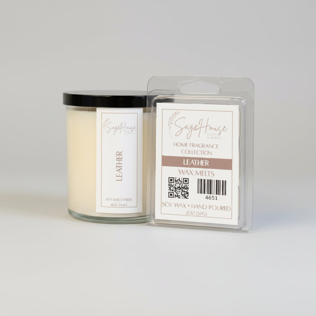 A white soy wax candle in a clear container, next to a clear clamshell wax melt package. placed on neutral background.