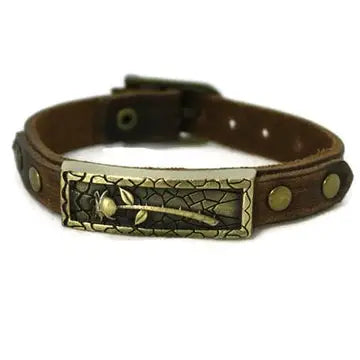 bracelet with brown leather and bronze faceplate with a long stemmed rose design.