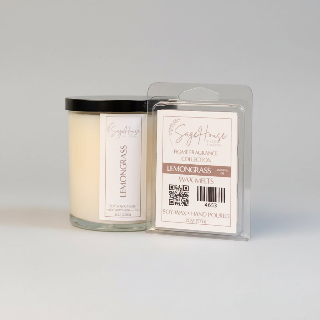 A white soy wax candle in a clear container, next to a clear clamshell wax melt package. placed on a neutral background.