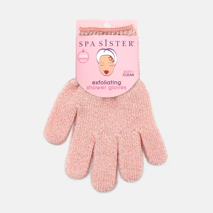 A light pink shower glove with a front label on a white background