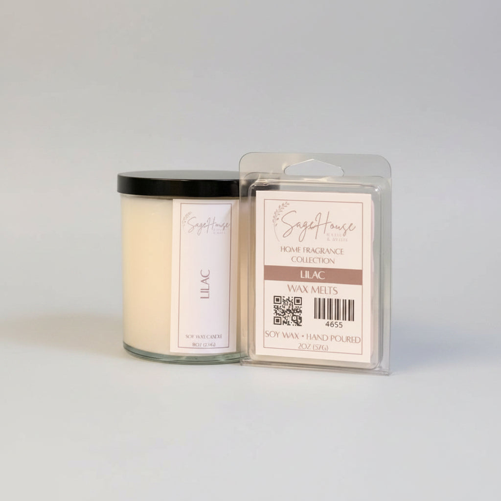 A white soy wax candle in a clear container, next to a clear clamshell wax melt package. placed on a neutral background