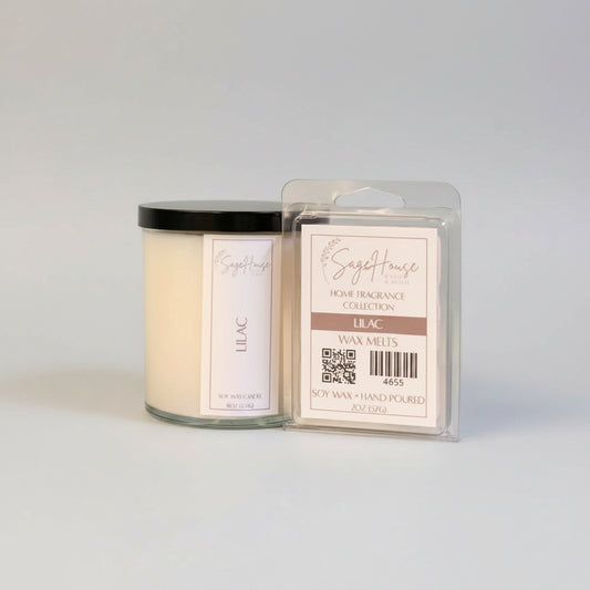 A white soy wax candle in a clear container, next to a clear clamshell wax melt package. placed on a neutral background