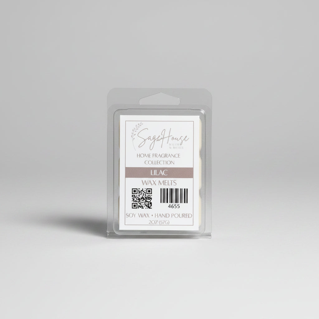 A clear clamshell container holding 6 wax melt cubes with a label on top, placed on a neutral background.