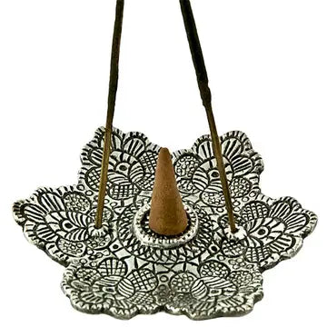 Black ceramic incense plate featuring decorative lotus design by SageHouse Bath & Body
