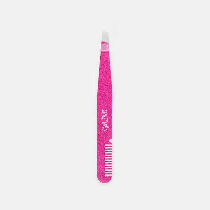 A pink eyebrow tamer with a comb and tweezers on a white background.