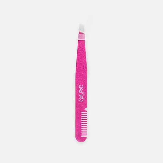A pink eyebrow tamer with a comb and tweezers on a white background.