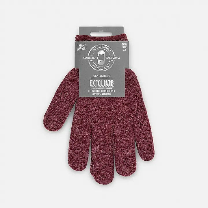 A pair of maroon exfoliating bath gloves attached to a product label.