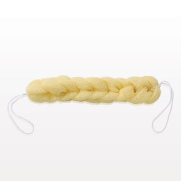 A yellow mesh bath belt with a handle on each side, designed for washing hard-to-reach areas.