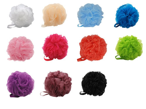 An assortment of mesh bath poufs in various colors including white, beige, blue, pink, red, purple, black, and green.