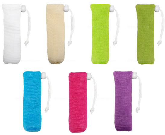 A collection of mesh soap savers in various solid colors, designed to wrap around a bar of soap and keep it dry.